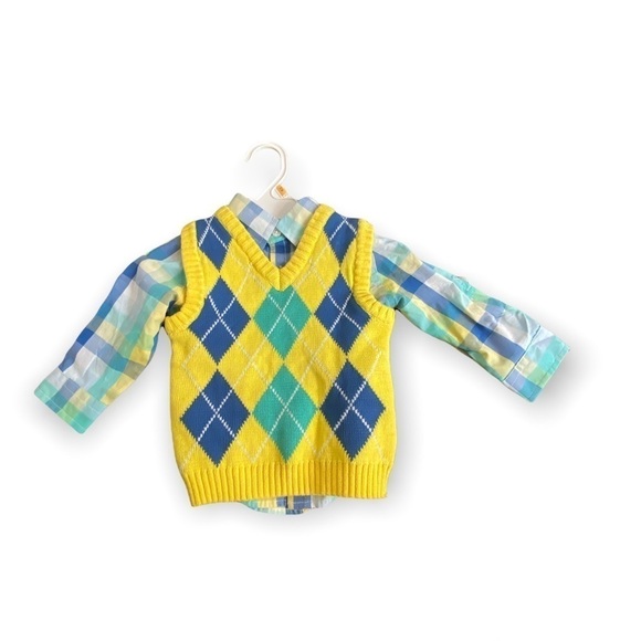 Izod Infant Pastel Plaid Shirt and Argyle Sweater Vest Combo Size 12mo - Picture 1 of 6